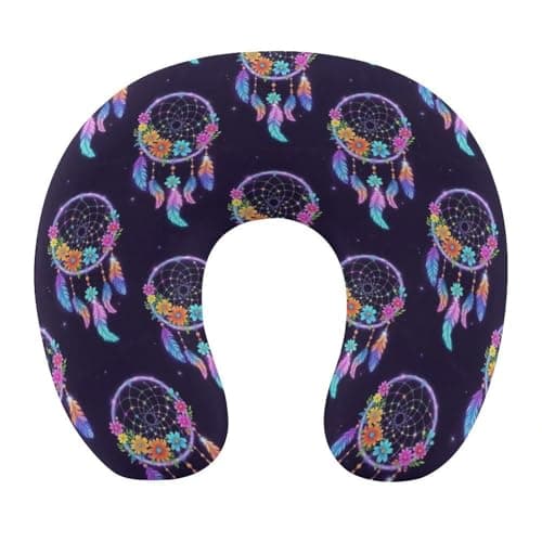 U-Shaped Travel Pillow Memory Foam Neck Rest, Floral Feather Flower Dream Catcher U-Shape, Washable Car Airplane Support