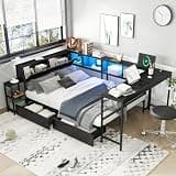 Bellemave Twin Size Corner Bed Frame with Desk and Storage Drawers,Twin Metal Platform Corner Bed with Charging Station and LED Lights, Twin Daybed for Kids Teens Guests,Black