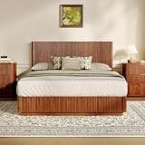 VMU Queen Size Bed Frame with Headboard, Fluted Mid Century Modern Wooden Platform Bed, No Box Spring Needed, Noise-Free Slat Support, Walnut