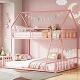 LIKIMIO Bunk Bed Twin Over Full Size, House Bunk Bed Frame with Ladder and Guardrail, House Shaped with Metal Slats Support No Box Spring Needed Space Saving for Bedroom and Dorm, Pink
