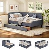 Ailisite Twin XL Corner Bed Frame with 2 Storage Drawers, Twin XL Daybed with Extended Headboard, Upholstered 2-in-One Multifuntion Bed Frame with Guardrails,Modern Bed Frame,Light Grey