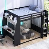 SUANGLNG Full Size Gaming Bunk Bed with Desk Solid Wood and MDF LED Light USB Port Storage Shelves (Black+Grey)
