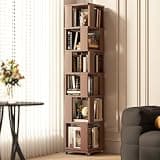 6 Tier Solid Wood Rotating Bookshelf Tower on Wheels, 360° Upgrade Spinning Book Shelf, Revolving Bookcase Organizer, Swivel Bookshelves for Small Spaces, Corner, Bedroom, Kids Room, Office (Brown)
