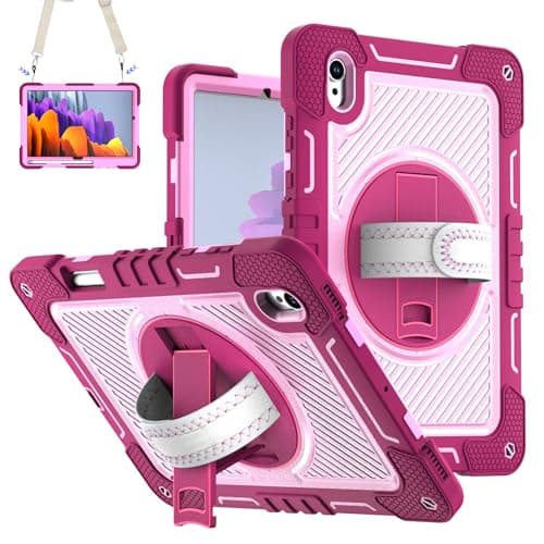 Shockproof Case for Samsung Galaxy Tab S11 2025 11" Tablet Cover with Shoulder+Hand Strap, Techcircle Heavy Duty Rotating Kickstand Rugged Defender Protective Case, Rose+Pink