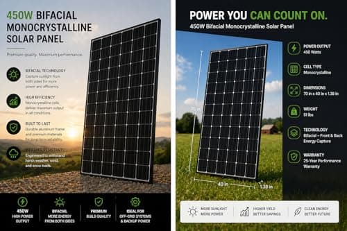 2X 450W Solar Panels = 900W, Includes Dual 4ft MC4 Cables for Easy, Plug-and-Play Install. Bifacial N-Type Monocrystalline PV Cells with Rugged Aluminum Alloy Frame for Any Application.