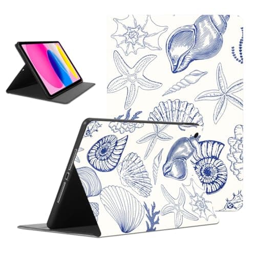 Cute Summer Sea Shell Starfish Pattern Tablet Case for iPad mini 7 A17 Pro 2024 8.3" 8.3, Aesthetic Blue Conch Coral Design Leather Cover for Girls Boy, Soft TPU Protective PU Flip Holder Cases