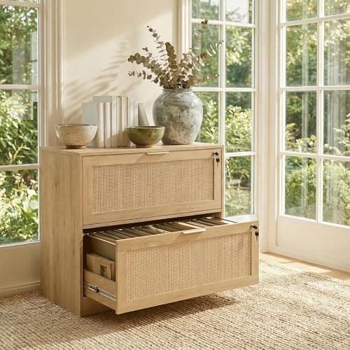 Lateral File Cabinets for Home Office, 2 Drawer Filing Cabinet with Lock, Wide Rattan Filing Organization Storage Cabinets with Printer Stand for Hanging Files/Letter/Legal/A4/F4 Size, Natural Wood