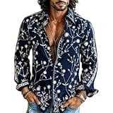 Men's Hippie Floral Button Down Shirt Vintage Pattern Printed Old Style Shirt Casual Long Sleeve Retro Shirts Navy
