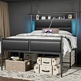 20" High Full Size Metal Platform Bed Frame, Tall Upholstered Headboard and LED Lights, Victorian Vintage Headboard and Footboard, Under Bed Storage, Heavy Duty Metal Slats & Noise Free, Black