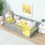 PVWIIK Twin Montessori Floor Bed with High Rails & Safety Guardrails for Kids Bedroom,High Rails Bed Frame,Space Saving,Grey