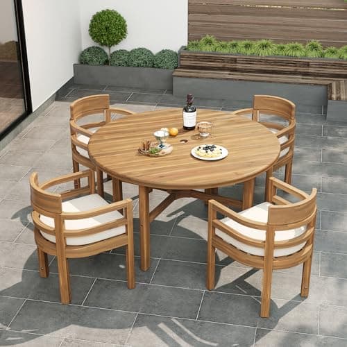 Hlcodca 5-Piece Outdoor Acacia Wood Dining Set Round Patio Table with Umbrella Hole & 4 Cushioned Armchairs All-Weather Garden Poolside Furniture (Light Teak1234)