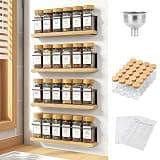 KitHero Bamboo Magnetic Spice Rack for Refrigerator, Space Saving Complete Set with 24 Bamboo Lid Glass Jars, 216 Waterproof Labels & Steel Funnel, Fridge Spice Organizer, 11.6" W x 2.4" D x 3.2" H