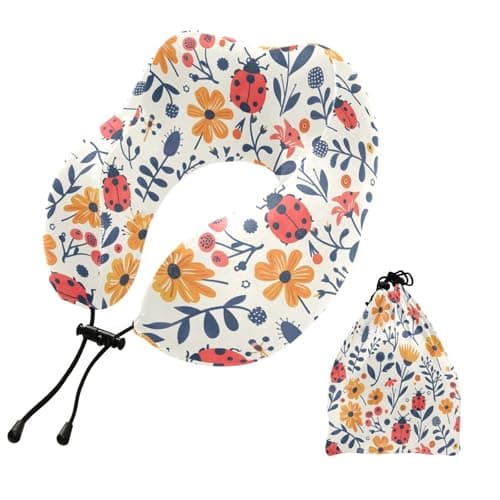 ZOEO Travel Pillow for Neck Head, Cute Ladybugs and Flowers Memory Foam Padding Sleeping Airplane Trains Cars Camping Office