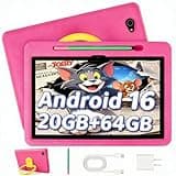 2026 Upgraded Android 16 Kids Tablet, 10 inch Tablet for Kids with 20GB RAM 64GB ROM 1TB Expand, 6000 mAh Battery, Parental Control, UKIDOZ Kids Space, Widevine L1 HD, Protective Case Pen(Pink)