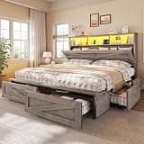 VIAGDO Queen Bed Frame with 6 Drawers, Farmhouse Bed Frame with Barn Door Headboard and Storage, Wood Platform Bed Frame Queen Size with Charging Station and LED Lights, No Box Spring Needed, Grey