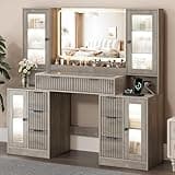 ANYMAPLE Fluted Vanity Desk with Mirror & Lights