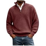 Mens Waffle Knit Quarter Zip Sweater Stand Collar Long Sleeve Loose Fit Shirt Casual Comfy Fall Winter Pullover Top Red