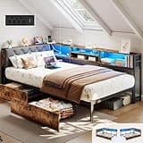 Twin Size Corner Bed Frame with Storage Bookcase and Headboard, Metal Platform Twin Bed with LED Lights and Charging Station, Modern Daybed with 2 Storage Drawers for Kids Teens, Vintage Brown