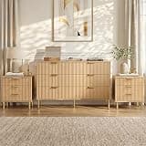 RIHHA Natural Oak Bedroom Furniture Set, 3 Piece Fluted Dresser and Nightstand Set with Gold Handles, 47" Dresser and Two 24" Bedside Tables
