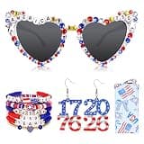 250th Anniversary USA Merchandise, 4th of July Accessories for Adult Women, Patriotic Heart Sunglasses with 1776-2026 Earrings & USA Bracelets, Red White and Blue Party Supplies Outfits Decorations