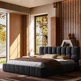 Kenhome Queen Size Modern Cloud Bed Frame, 38.5" Tall Cream Upholstered Platform Bed with Thick Soft Headboard & Footboard for Bedroom Apartment (Gray, Queen (U.S. Standard))