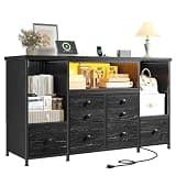 Dresser for Bedroom with 8 Fabric Drawers &17.5''H Semi-Open Wooden Shelf,TV stand with LED Lights & Charging Station,Sturdy Steel Frame & Wood Top,Storage Cabinet for Hallway,Living Room,Black