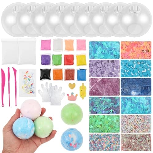 DIY Stress Ball Making Kit, Vacuum Squishies Maker with 9 Clear Silicone Skins, 12 Colors Air Dry Clay & Glitters Fillers - Professional ASMR Sensory Toy Kit for Anxiety Relief, Adults Office Gifts