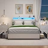GDFStudio Queen Size Metal Platform Bed Frame with Ergonomic Padded Headboard, Built-in Power Outlets & USB Charging Station, Storage Shelf, Noiseless Sturdy Support, Easy Assembly, White Finish