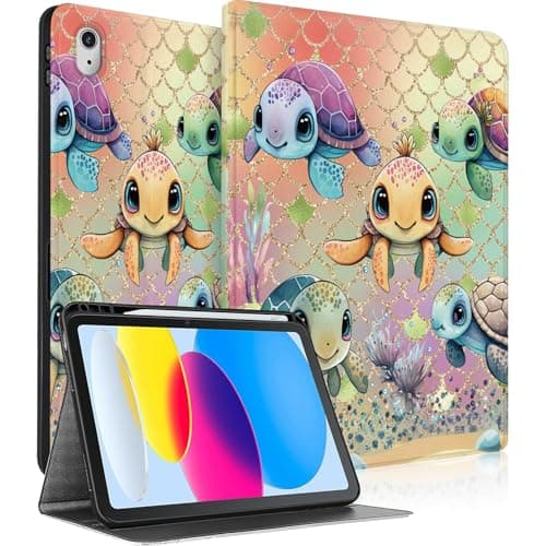 Floral Case for iPad (A16) 11th Generation 11 Inch (2025), iPad 10th Generation 10.9 Inch (2022), Multi-Angle Viewing Adjustable Stand Cover with Pencil Holder (Cute Sea Turtles)