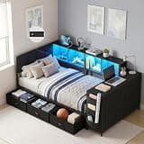 DICTAC Twin Corner Bed with Storage Dresser, Drawers & Side Bookcase, White