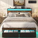 Juoerce Full Bed Frame with 2 Drawers and Storage Headboard, Metal Platform with LED Lights and Charging Station, No Box Spring Needed, Noise Free, Easy Assembly