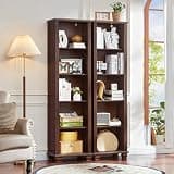 SAVOR LIFE 69" Tall Walnut Book Shelf, Wood Skinny Bookshelf with Adjustable Shelves & Wooden Legs, Farmhouse Bookcase w/5-Tier Storage, Free Standing Bookshlves for Office, Living Room, Brown, 2PCS