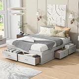 VOOTOLOVER Queen Size Contemporary Platform Bed with 6 Side Storage Drawers, Solid MDF & LVL Construction, Multi‑Color Options, No Box Spring Needed, Noise-Free, Easy Assembly, Antique White