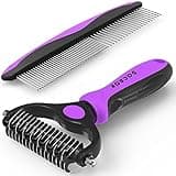 Docrok Pet Grooming Brush and Metal Comb Combo - Undercoat Rake for Dematting and Deshedding Long Matted Haired Dogs and Cats, Purple