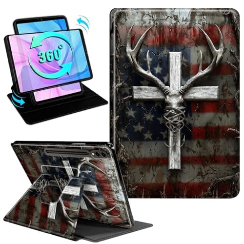 Gmeyutqy Case for Samsung Galaxy Tab S10 Plus 2024/S9 Plus/S9 FE Plus 5G 12.4" 2023, 360 Degree Rotating Swivel Stand Flip Leather Cover with Auto Sleep/Wake, American Flag Antlers Crosses