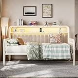 SHA CERLIN Twin Size Daybed, Metal Sofa Bed Frame with Double-Layer Storage Headboard, LED Lighting & USB Charging Ports, Steel Slat Support, White, for Living Room/Guest Room