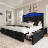 Uteeran King Size Bed Frame and Headboard & 4 Storage Drawers, Upholstered Platform Bed Frame with RGB LED Lights & Charging Station, No Box Spring Needed, Easy Assembly, Noise-Free, Black