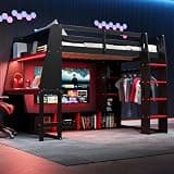 MoproBeti Wood Full Size Gaming Loft Bed with Desk, Multi-Storage Shelves, LED and a Hanging Clothes Rack,Black