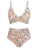 Amy Babe Women's High Waisted Bikini Sets Push Up Twist Front Spaghetti Straps Ruched Two Piece Swimsuit Bathing Suit Yellow Floral
