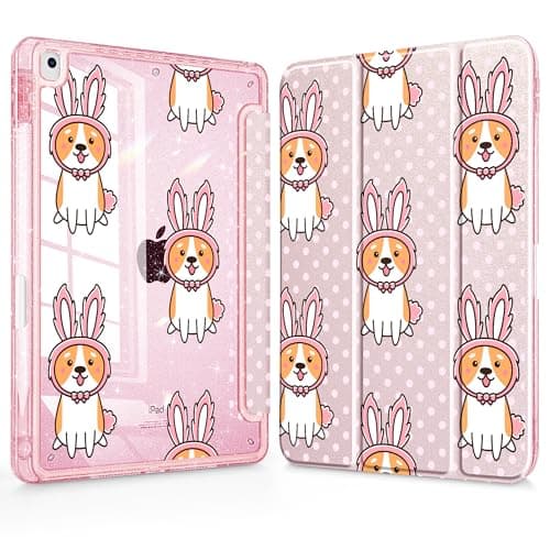 Lepeoac Case for iPad 9th/ 8th/ 7th Generation 10.2-Inch Case(2021/2020/2019 Release), Glitter Tablet Cases with Transparent Acrylic Back+Trifold Stand+Pencil Holder+Auto Wake/Sleep, Corgi & Dots