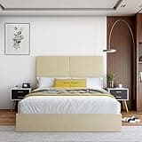 Treaton, Premium Upholstered Platform Bed Frame with Headboard – Modern Bed with Solid Wood Slat Support, No Box Spring Needed, Easy Assembly, Noise-Free, Beige Fabric Bed Frame, Queen
