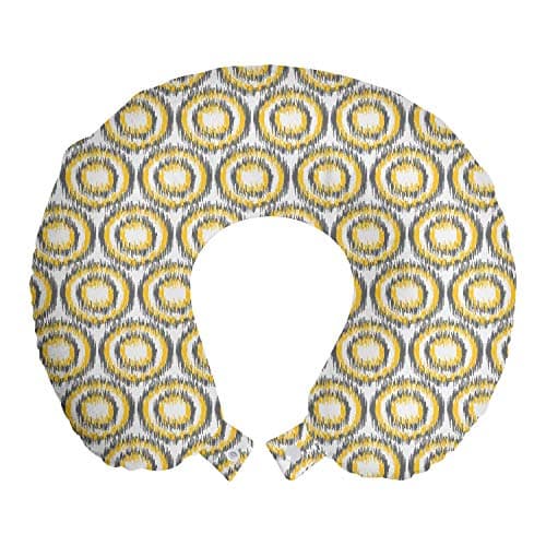 Lunarable Grey and Yellow Travel Pillow Neck Rest, Ikat Style Geometric Pattern with Bulls Eye Pattern, Memory Foam Traveling Accessory for Airplane and Car, 12", Yellow Grey White
