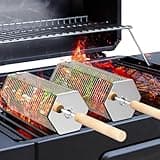 ivtivfu Rolling Grill Basket, Removable Wooden Handle, 304 Stainless Steel, Nesting Grilling Tools, Smoker BBQ Accessories for Vegetable, Outdoor Cooking Camping, Birthday Gifts for Men Dad Husband