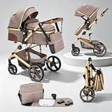 Lnhcrbs Baby Stroller, 2-in-1 Convertible Toddler Travel Stroller with Lie-Flat Seat, Adjustable Handle, 12" PU Tires, Toddler Stroller for 0-18kg Child, Aluminum Frame,Khaki
