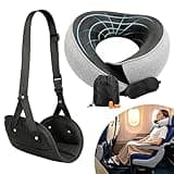 Ergonomic Airplane Pillow and Airplane Foot Hammock, Ultra Portable Neck Pillow with 360° Head Support, Portable Travel Foot Rest with Adjustable Strap, Includes Eye Mask & Ear Plugs, for Flight, Car