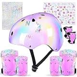 Kids Helmet, Toddler Bike Helmet with DIY Stickers Unicorn Knee Pads and Elbow Pads Set Adjustable Protective Gear Set for Girls Age 3-5-8 Years fit Roller Skates, Bicycle, Skateboarding, Scooter
