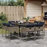NKOPPFG 9 Piece Patio Dining Set with Cushions, Folding Garden Dining Set in Grey Poly Rattan with Tempered Glass Tabletop