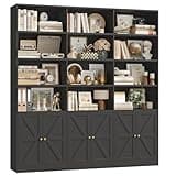 FACBOTALL 75" Triple Wide Bookshelf, Bookshelf and Bookcase with 6 Farmhouse Doors, 71" Wide 6 Tier Book Shelf with 18 Storage Shelves, Large Wooden Bookshelves, Tall Bookcase for Home Office, Black