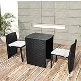 NKOPPFG 3 Piece Black Poly Rattan Outdoor Dining Set with Cushions for Patio Balcony Garden, Steel Frame PE Rattan Table and 2 Chairs, Space-Saving
