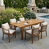 Christopher Knight Home Miram 7 Piece Acacia Wood Outdoor Dining Table Set for 6, Extendable Dining Table and 6 Chairs with Cushion & Rope Weave, Wooden Outdoor Patio Furniture Set, Brown+Beige+Teak